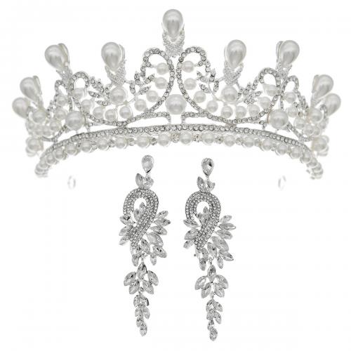 Bridal Tiaras, Zinc Alloy, tiaras & earring, with Plastic Pearl, silver color plated & for woman & with rhinestone [