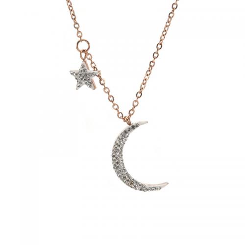 Collier de bijoux de titane, Acier titane, avec 5mm chaînes de rallonge, Lune et Etoile, Placage, pour femme & avec strass, plus de couleurs à choisir Environ 45 cm, Vendu par PC