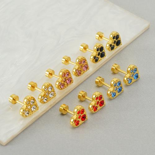 Stainless Steel Rhinestone Stud Earring, 304 Stainless Steel, Heart, gold color plated, for woman & with rhinestone [