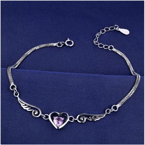 Pulseras de latón Zircon cúbico, metal, con cúbica circonia, Corazón, chapado en color de plata, para mujer, Púrpura, longitud:12 cm, Vendido por UD