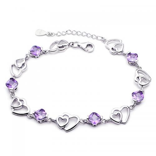 Pulseras de latón Zircon cúbico, metal, con cúbica circonia, Corazón, chapado en color de plata, para mujer, más colores para la opción, longitud:16 cm, Vendido por UD