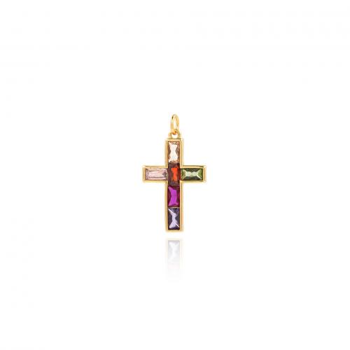 Cubic Zirconia Micro Pave Brass Pendant, Cross, 18K gold plated, fashion jewelry & DIY & micro pave cubic zirconia, mixed colors [