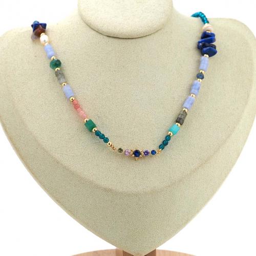 Gemstone Necklaces, Brass, with Gemstone, 18K gold plated, fashion jewelry & Unisex & micro pave cubic zirconia, mixed colors Approx 44 cm [