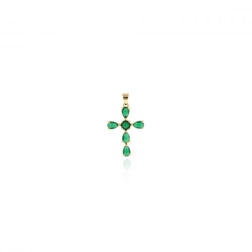 Cubic Zirconia Micro Pave Brass Pendant, Cross, 18K gold plated, fashion jewelry & DIY & micro pave cubic zirconia, green [