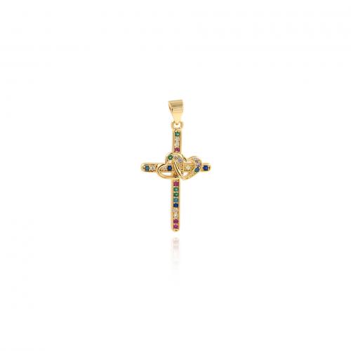 Cubic Zirconia Micro Pave Brass Pendant, Cross, 18K gold plated, fashion jewelry & DIY & micro pave cubic zirconia [