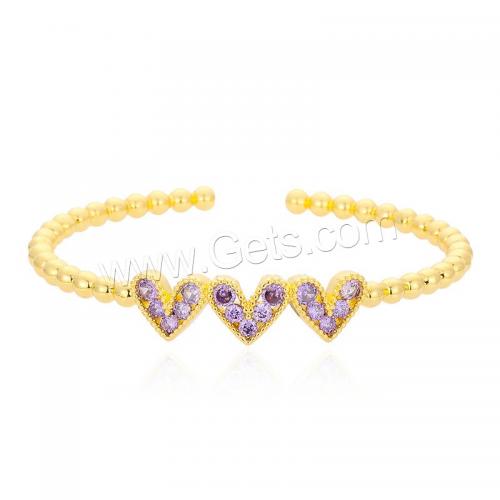 Brass Cuff Bangle, Heart, gold color plated, fashion jewelry & micro pave cubic zirconia & for woman cuff bangle diameter about 6.4cm [