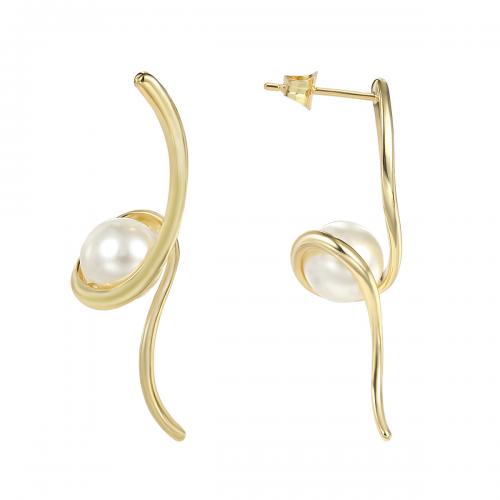 Brass Stud Earring, with Plastic Pearl, plated, for woman, golden 