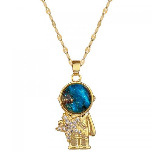 Acier titane collier, avec résine & laiton, avec 2inch chaînes de rallonge, astronaute, Placage de couleur d'or, pour femme & avec strass Environ 15.7 pouce, Vendu par PC