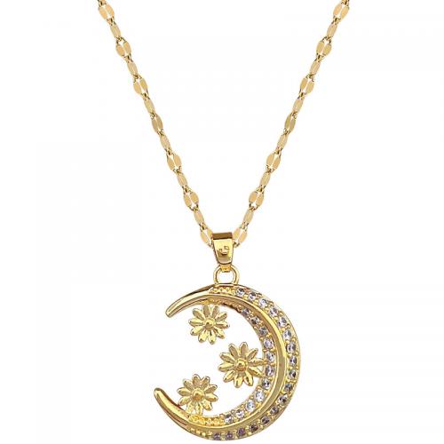 Acier titane collier, avec laiton, avec 2inch chaînes de rallonge, lune, Placage de couleur d'or, pour femme & avec strass Environ 15.7 pouce, Vendu par PC