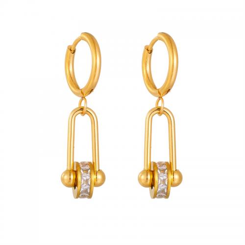 Boucles d'oreilles en acier titane, bijoux de mode & pavé de micro zircon & pour femme, doré, 30mm, Vendu par paire