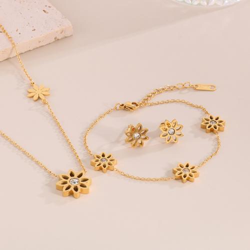 Rhinestone stainless steel Jewelry Set, 304 Stainless Steel, Daisy & for woman & with rhinestone [