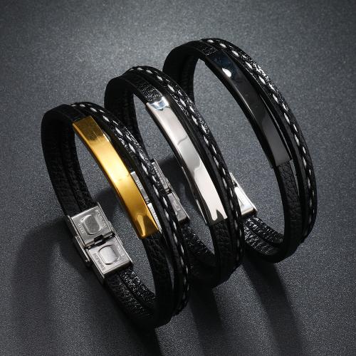 bracelet de cordon en PU , cuir PU, avec Acier inoxydable 304, poli, Double couche & bijoux de mode & pour homme, plus de couleurs à choisir .2cm Environ 21 cm, Vendu par PC[