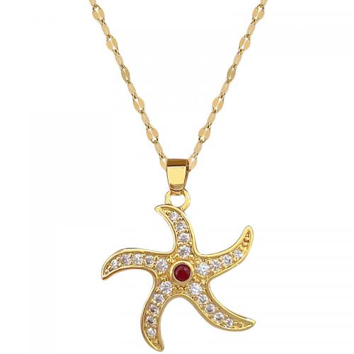 Acier titane collier, avec laiton, avec 2inch chaînes de rallonge, étoile de mer, Placage de couleur d'or, pour femme & avec strass Environ 15.7 pouce, Vendu par PC