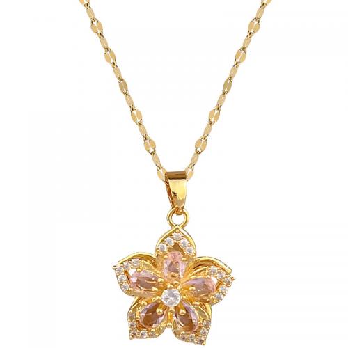 Acier titane collier, avec laiton, avec 2inch chaînes de rallonge, fleur, Placage de couleur d'or, rotatif & pour femme & avec strass Environ 15.7 pouce, Vendu par PC