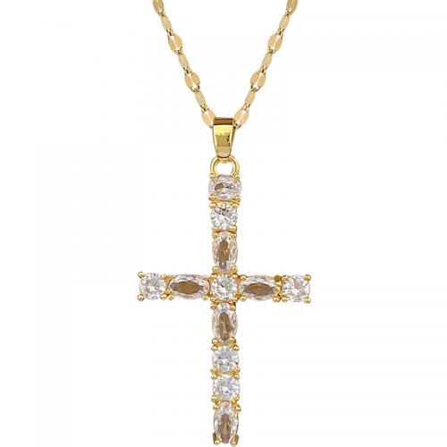 Acier titane collier, avec laiton, avec 2inch chaînes de rallonge, croix, Placage de couleur d'or, pour femme & avec strass Environ 15.7 pouce, Vendu par PC