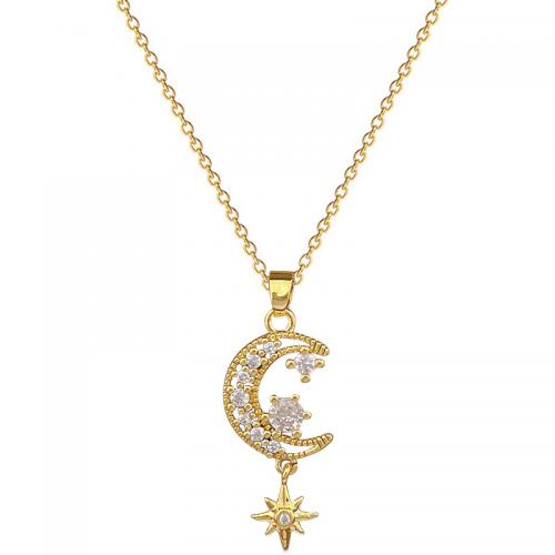 Acier titane collier, avec laiton, avec 2inch chaînes de rallonge, Lune et Etoile, Placage de couleur d'or, pour femme & avec strass & creux Environ 15.7 pouce, Vendu par PC