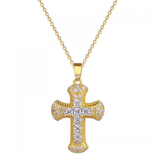 Acier titane collier, avec laiton, avec 2inch chaînes de rallonge, croix, Placage de couleur d'or, pavé de micro zircon & pour femme Environ 15.7 pouce, Vendu par PC