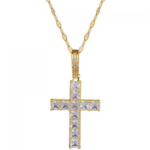 Acier titane collier, avec laiton, avec 2inch chaînes de rallonge, croix, Placage de couleur d'or, pavé de micro zircon & pour femme Environ 15.7 pouce, Vendu par PC