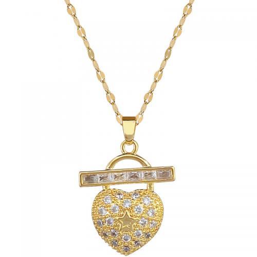 Acier titane collier, avec laiton, avec 2inch chaînes de rallonge, coeur, Placage de couleur d'or, pour femme & avec strass Environ 15.7 pouce, Vendu par PC