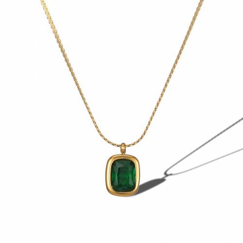 Collier de bijoux de titane, Acier titane, avec cristal, avec 5cm chaînes de rallonge, rectangle, Placage ionique sous vide, bijoux de mode & pour femme, vert, protéger l'environnement, sans nickel, plomb et cadmium Environ 45 cm, Vendu par PC