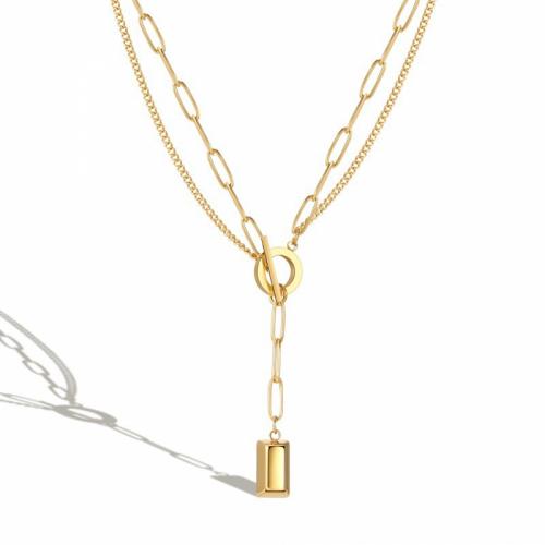 Titanium Steel Jewelry Necklace, Rectangle, Vacuum Ion Plating, Double Layer & fashion jewelry & for woman, golden, nickel, lead & cadmium free Approx 48 cm 