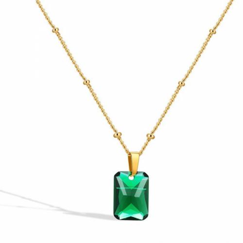 Collier de bijoux de titane, Acier titane, avec zircon cubique, avec 5cm chaînes de rallonge, rectangle, Placage ionique sous vide, bijoux de mode & pour femme, vert, protéger l'environnement, sans nickel, plomb et cadmium Environ 45 cm, Vendu par PC