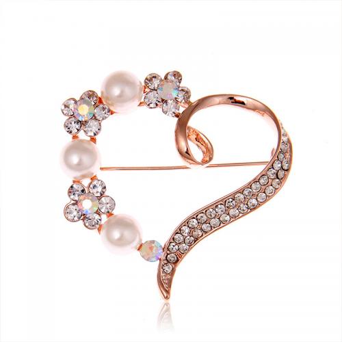 Rhinestone Zinc Alloy Brooch, with Rhinestone & Plastic Pearl, Heart, fashion jewelry & for woman 