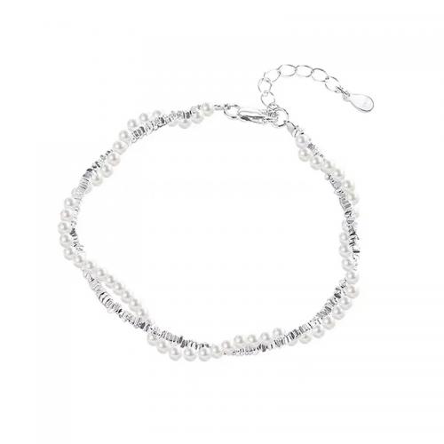 Sterling Silber Armbänder, 925 Sterling Silber, mit Kunststoff Perlen, mit Verlängerungskettchen von 3CM, plattiert, für Frau, Silberfarbe, Länge:ca. 15.5 cm, verkauft von PC