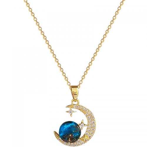 Acier titane collier, avec résine & laiton, avec 2inch chaînes de rallonge, lune, Placage de couleur d'or, pavé de micro zircon & pour femme Environ 15.7 pouce, Vendu par PC