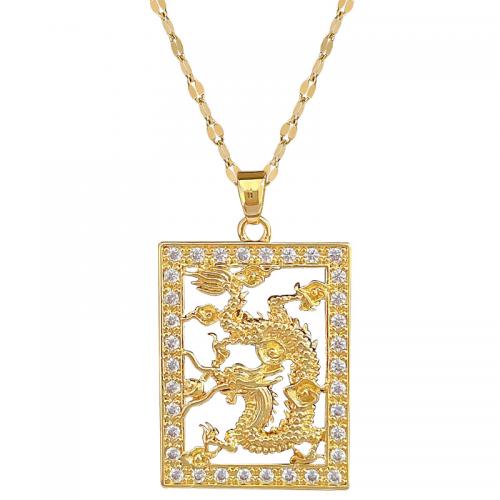 Acier titane collier, avec laiton, avec 2inch chaînes de rallonge, dragon, Placage de couleur d'or, pour femme & avec strass & creux Environ 15.7 pouce, Vendu par PC