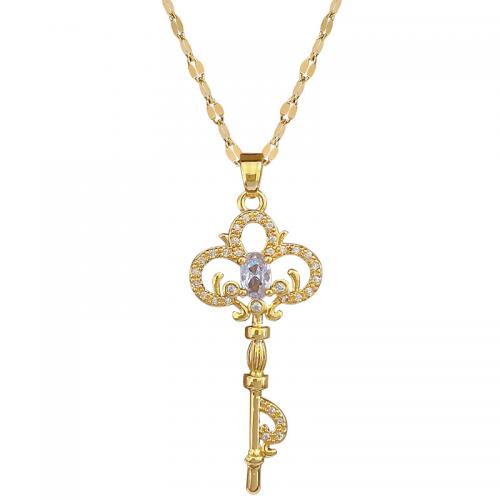 Acier titane collier, avec laiton, avec 2inch chaînes de rallonge, clé, Placage de couleur d'or, pour femme & avec strass & creux Environ 15.7 pouce, Vendu par PC