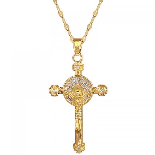 Acier titane collier, avec laiton, avec 2inch chaînes de rallonge, Crucifix, Placage de couleur d'or, pour femme & avec strass Environ 15.7 pouce, Vendu par PC