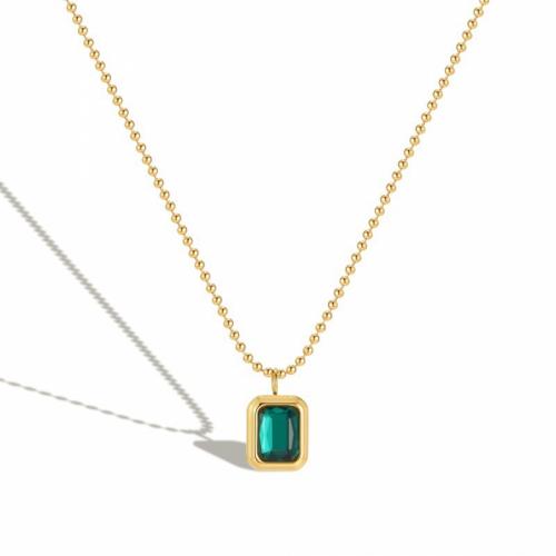 Collier de bijoux de titane, Acier titane, avec zircon cubique, avec 5cm chaînes de rallonge, rectangle, Placage ionique sous vide, bijoux de mode & pour femme, vert, protéger l'environnement, sans nickel, plomb et cadmium Environ 45 cm, Vendu par PC