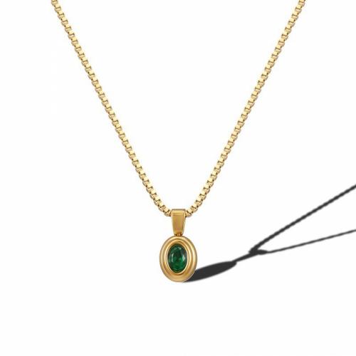 Collier de bijoux de titane, Acier titane, avec zircon cubique, avec 5cm chaînes de rallonge, ovale plat, Placage ionique sous vide, bijoux de mode & pour femme, vert, protéger l'environnement, sans nickel, plomb et cadmium Environ 45 cm, Vendu par PC