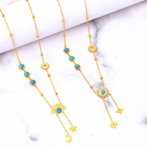 Collier de bijoux de titane, Acier titane, avec turquoise, avec 6cm chaînes de rallonge, bijoux de mode & styles différents pour le choix & pour femme, doré Environ 40 cm, Vendu par PC