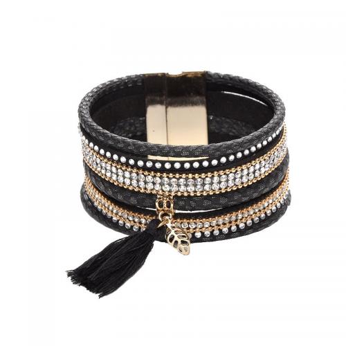 Pulseras de Cordón de PU, Cuero de PU, con metal, multicapa & micro arcilla de zirconia cúbica & para mujer, Negro, 35mm, longitud:aproximado 19.5 cm, Vendido por UD[