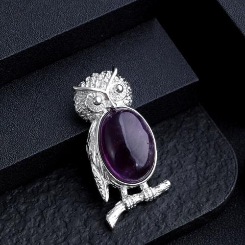 Gemstone Zinc Alloy Pendants, Natural Stone, with Zinc Alloy, Owl, silver color plated, DIY [