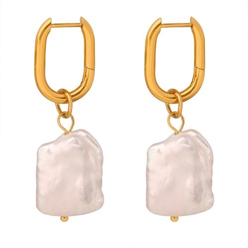 Boucles d'oreilles en acier titane, avec perle d'eau douce cultivée, Placage, pour femme, doré, Vendu par paire