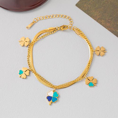 Partículas de acero Pulsera, con 2inch extender cadena, Trébol de cuatro hojas, chapado en color dorado, Doble capa & cadena de la serpiente & para mujer & esmalte, longitud:aproximado 7 Inch, Vendido por UD