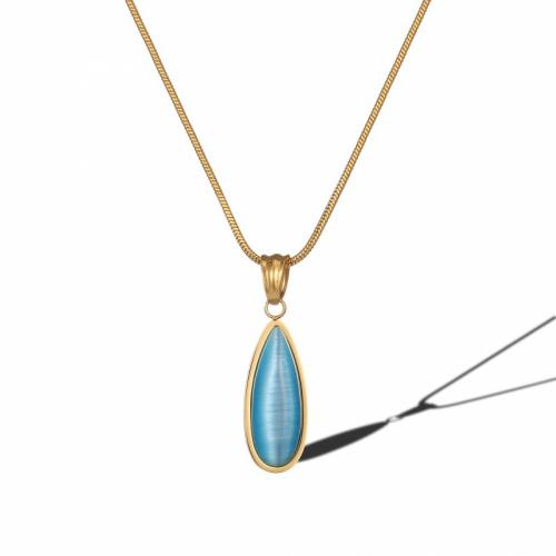 Collier de bijoux de titane, Acier titane, avec Oeil de chat, avec 5cm chaînes de rallonge, larme, Placage ionique sous vide, bijoux de mode & pour femme, bleu, protéger l'environnement, sans nickel, plomb et cadmium Environ 40 cm, Vendu par PC