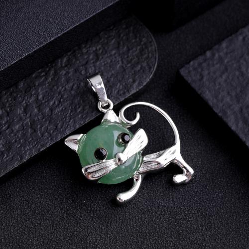 Gemstone Zinc Alloy Pendants, Natural Stone, with Zinc Alloy, Cat, silver color plated, DIY [