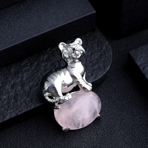 Gemstone Zinc Alloy Pendants, Natural Stone, with Zinc Alloy, Tiger, silver color plated, DIY [