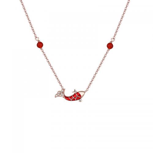 Cubic Zirconia Micro Pave Sterling Silver Necklace, 925 Sterling Silver, with Red Agate, with 5CM extender chain, plated, micro pave cubic zirconia & for woman & enamel, rose gold color Approx 40 cm [