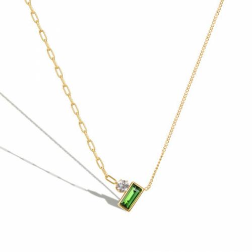 Collier de bijoux de titane, Acier titane, avec zircon cubique, avec 5cm chaînes de rallonge, rectangle, Placage ionique sous vide, bijoux de mode & pour femme, vert, protéger l'environnement, sans nickel, plomb et cadmium Environ 45 cm, Vendu par PC