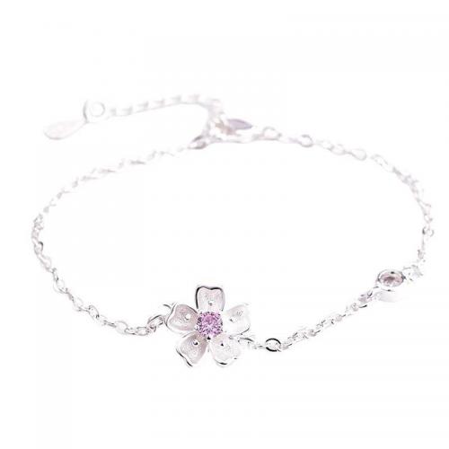 Brass Bracelet, with 1.2inch extender chain, Flower, platinum plated & for woman & with rhinestone Approx 6.3 Inch [