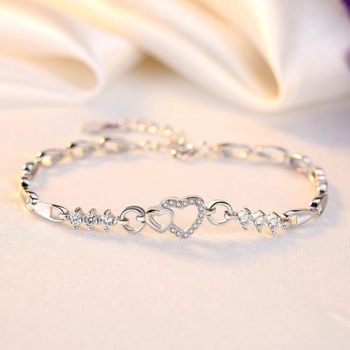 Cupronickel Bracelet, with 1.2inch extender chain, Heart, platinum plated, for woman & with rhinestone & hollow Approx 6.3 Inch [