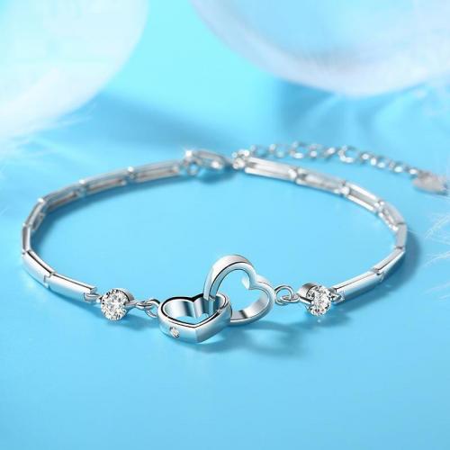 Brass Bracelet, with 1.2inch extender chain, Heart, platinum plated, for woman & with rhinestone & hollow Approx 6.3 Inch [