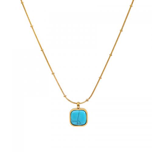 Collier de bijoux de titane, Acier titane, avec turquoise synthétique, avec 6.5cm chaînes de rallonge, Carré, Placage ionique sous vide, bijoux de mode & pour femme, bleu, protéger l'environnement, sans nickel, plomb et cadmium, 12mm Environ 42 cm, Vendu par PC