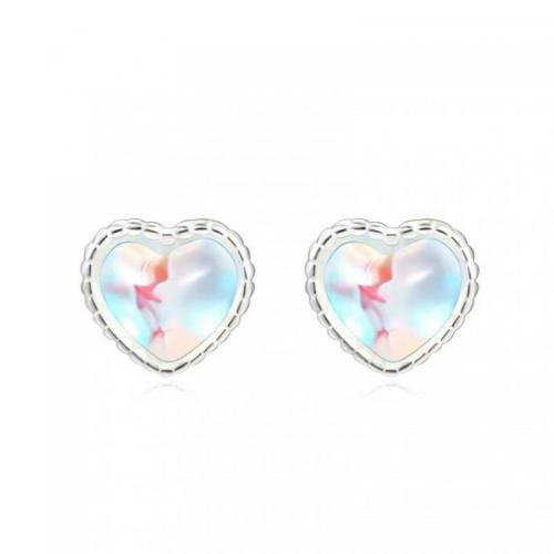 Sterling Silver Stud Earring, 925 Sterling Silver, with Moonstone, Heart, fashion jewelry & for woman 