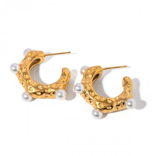 Boucles d'oreilles en acier titane, avec Shell Pearl, Plaqué or 18K, bijoux de mode & pour femme, doré Vendu par paire